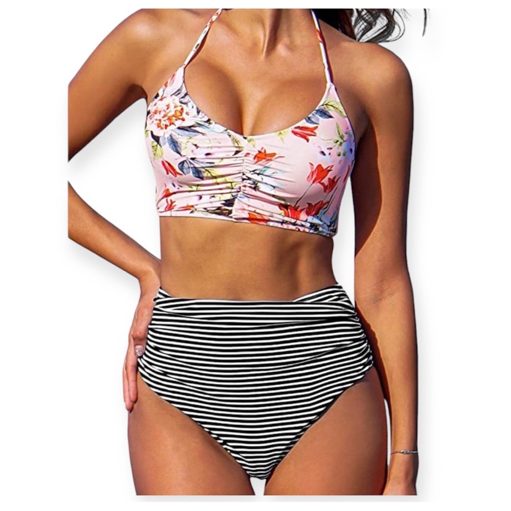 Cupshe bikini. High waisted black & white stripe bottom and pink floral top